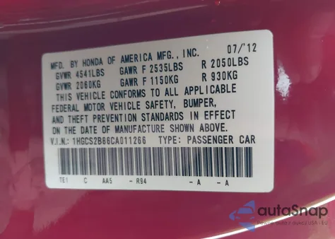 2012 Honda Accord 3.5 Ex-L из США, поврежденный, VIN 1HGCS2B86CA011266